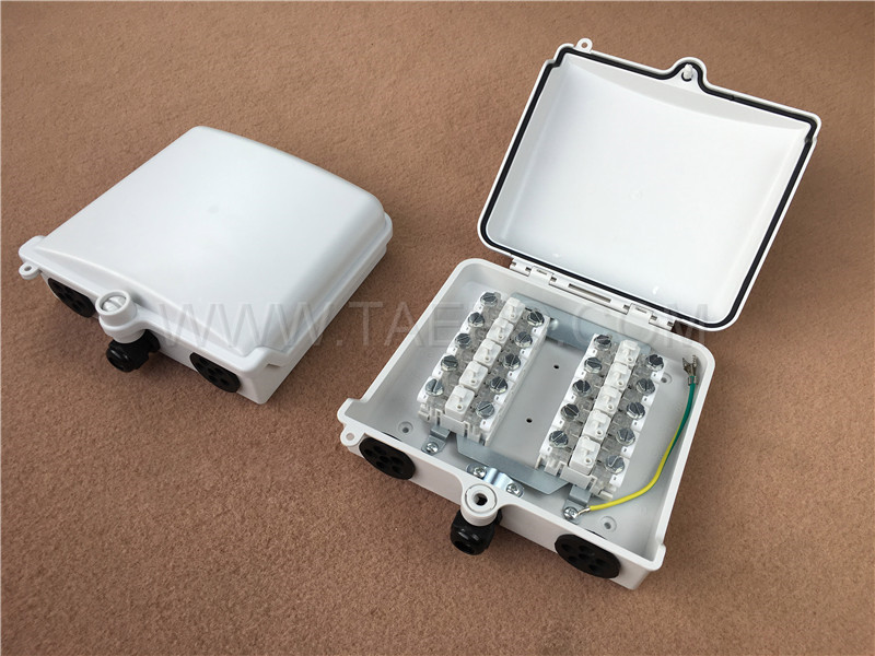 Caja de punto de distribución de 10 pares para exteriores para módulo STB, 200x185x70 mm, cierre de tornillo a presión, carcasa de plástico, con módulo STB con protección contra sobretensiones