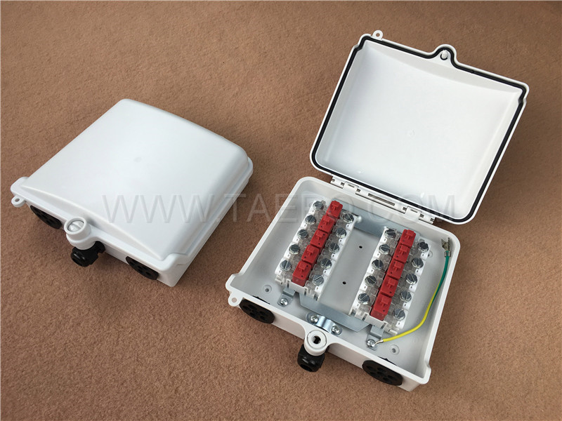 Caja de punto de distribución exterior de 10 pares para módulo STB, 200x185x70 mm, cierre a tornillo y encaje, carcasa de plástico, con módulo STB con protección contra sobretensiones