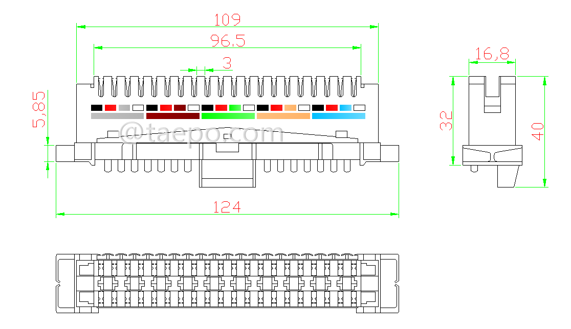 dibujo del módulo de desconexión LSA de 10 pares con etiqueta de color