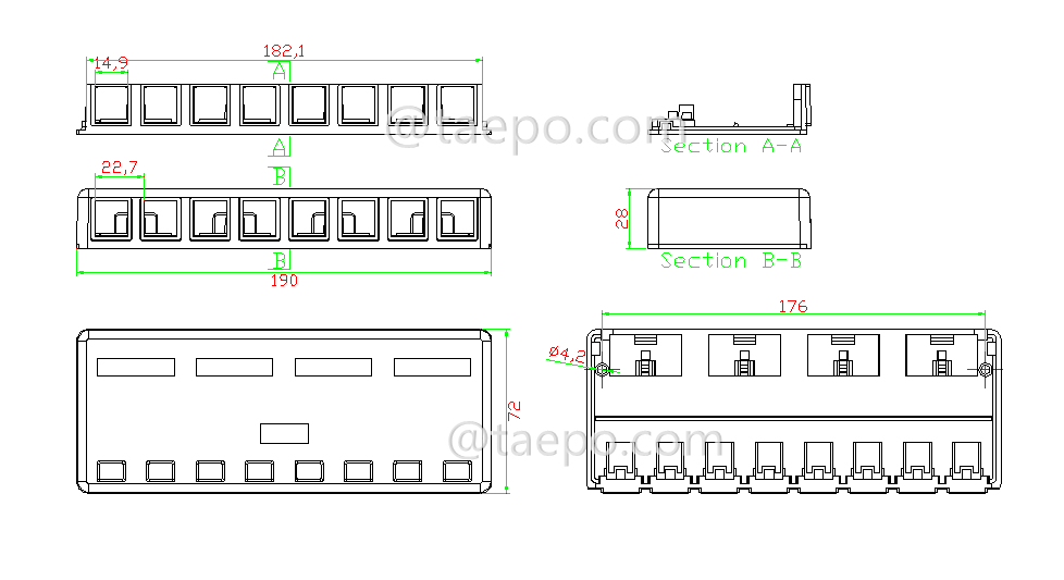 Dibujo para caja de superficie 8 puertos, CAT5E, RJ45, 8P8C, UTP