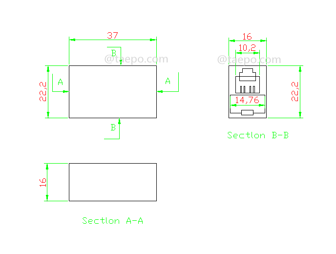 Schematic Diagrams for 180 degree RJ45 to RJ45 UTP 8P8C CAT5E Inline coupler