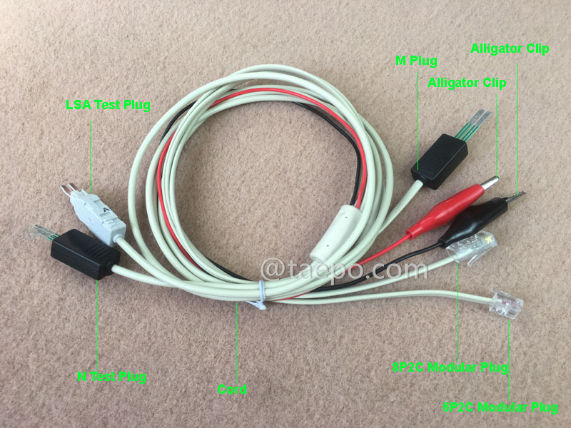 Ilustración del cable de prueba de 2 polos, con conector de prueba LSA de 4 polos + conector de prueba N de 4 polos a pinza de cocodrilo, conector M, conector modular 8P2C, conector modular 6P2C, 1,5 m.