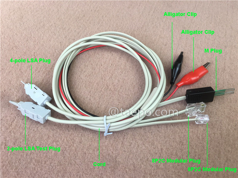 Ilustración del cable de prueba de 2 polos, enchufe de prueba LSA de 2 polos + enchufe LSA de 4 polos a pinza de cocodrilo, enchufe macho, enchufe modular 8P2C, enchufe modular 6P2C, 1,5 m.