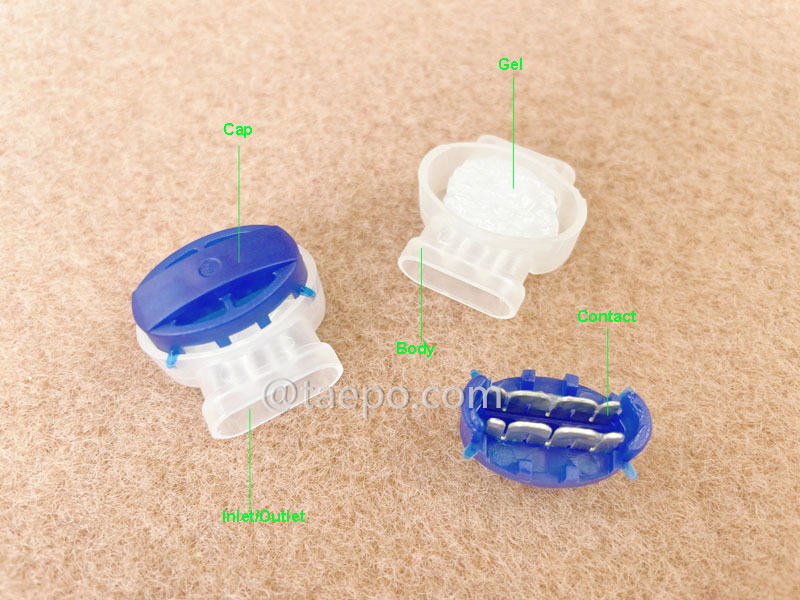 Ilustración del conector eléctrico auto-desforrante 314, 3 hilos, conductor AWG22-14, aislamiento máximo 3,8 mm, doble pin, relleno de gel