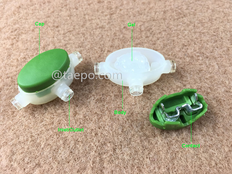 Ilustración del conector eléctrico autodesforrante TL1, para 3 cables, conductor de 1.0–1.35 mm, aislamiento máximo de 3.6 mm, relleno de gel