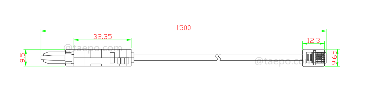Dibujo del cable de prueba de 2 polos, conector de prueba LSA a conector modular 6P2C, 1.5 m
