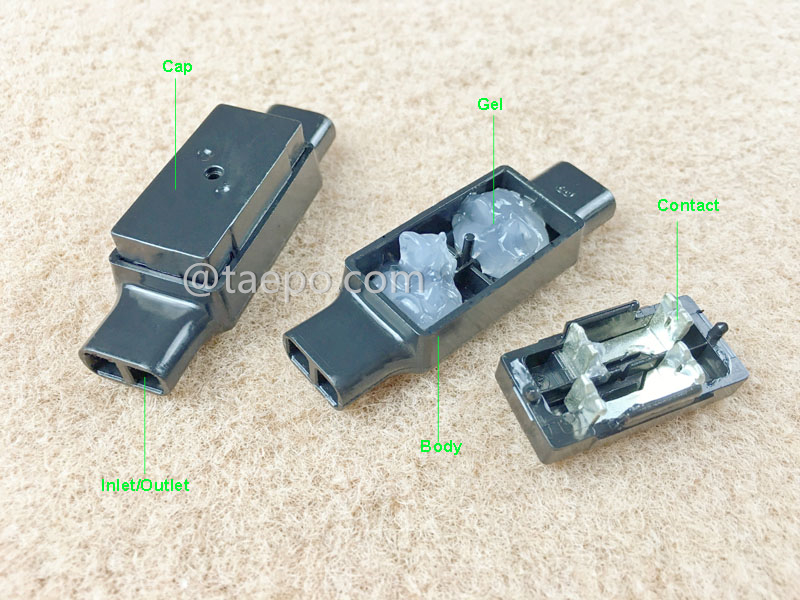 Ilustración del conector en línea para cable de bajada UDW2, 4 conductores, conductor de 0.9-1.3 mm, aislamiento máximo de 4.4 mm, un solo pin, relleno de gel