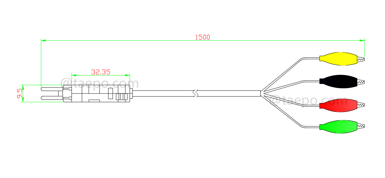 Dibujo del cordón de prueba de 4 polos, conector de prueba LSA a pinza de cocodrilo, 1,5 m