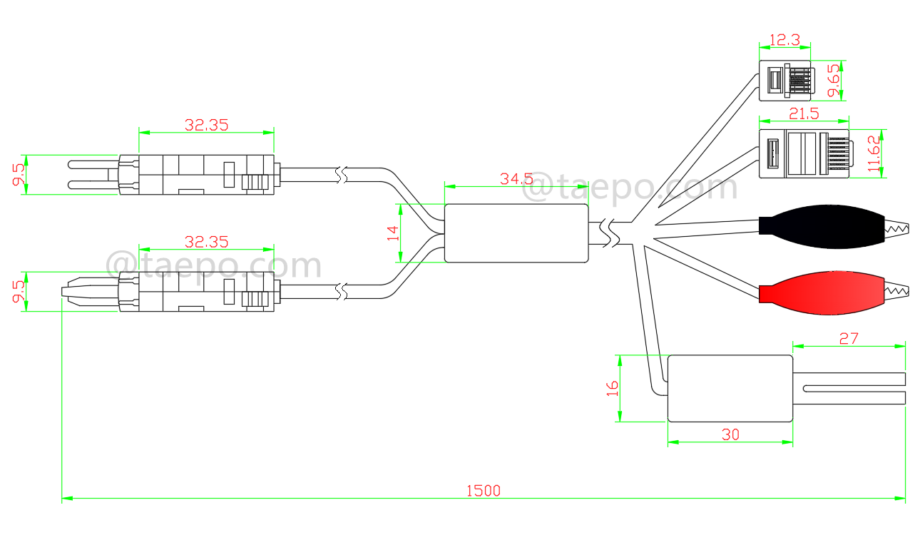 Dibujo del cable de prueba de 2 polos, enchufe de prueba LSA de 2 polos + enchufe LSA de 4 polos a pinza de cocodrilo, enchufe macho, enchufe modular 8P2C, enchufe modular 6P2C, 1,5 m.