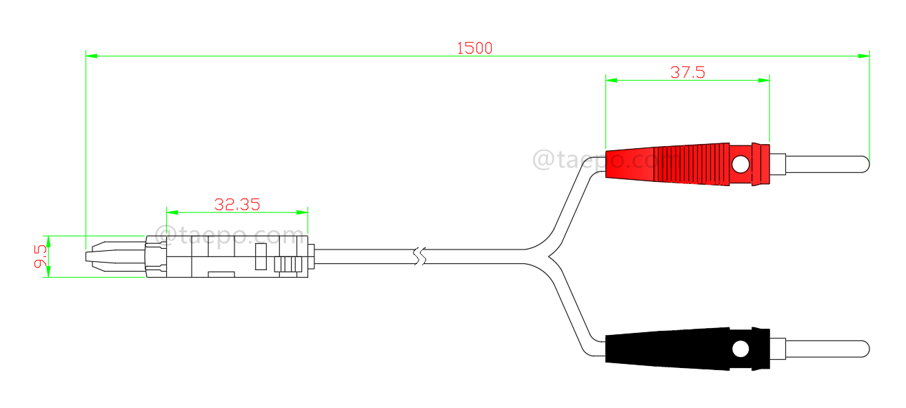 dibujo del cable de prueba bipolar, conector de prueba LSA a conector banana
