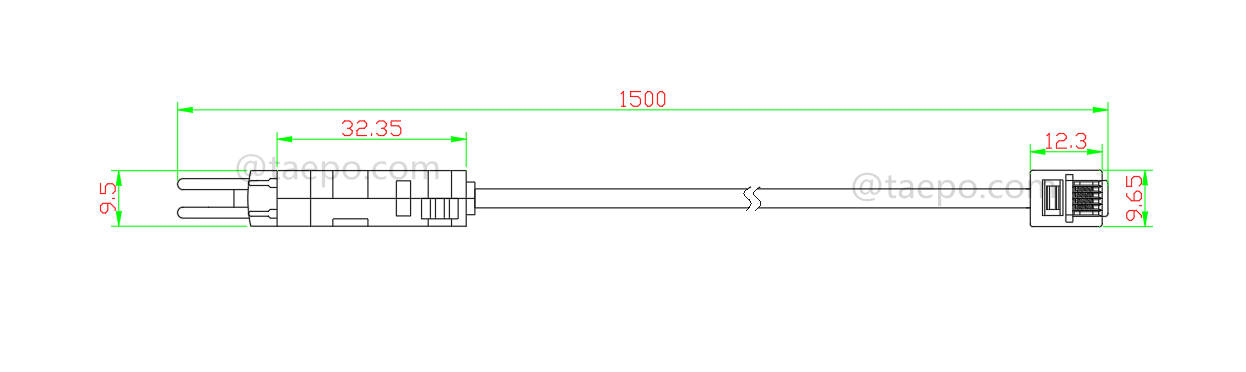 Dibujo del cable de prueba de 4 polos, conector de prueba LSA a conector modular 6P4C, 1.5 m