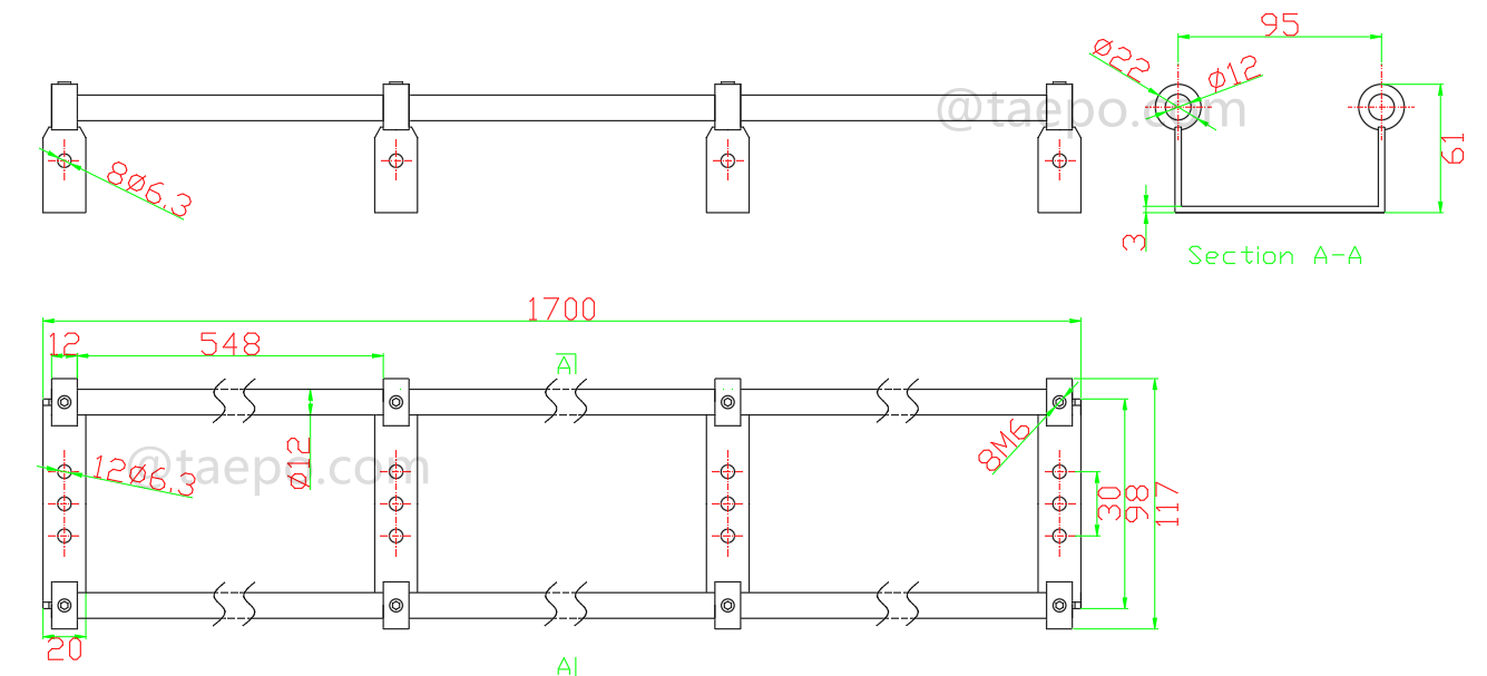 Dibujo del marco de barra de perfil LSA de 10 pares, 1700×117×61 mm