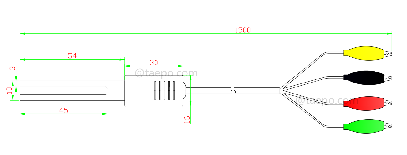 Dibujo del cordón de prueba SM de 4 polos, con enchufe de prueba a clip de cocodrilo para bloque de desconexión MDF 71 #TP-1401-100, 1,5 m
