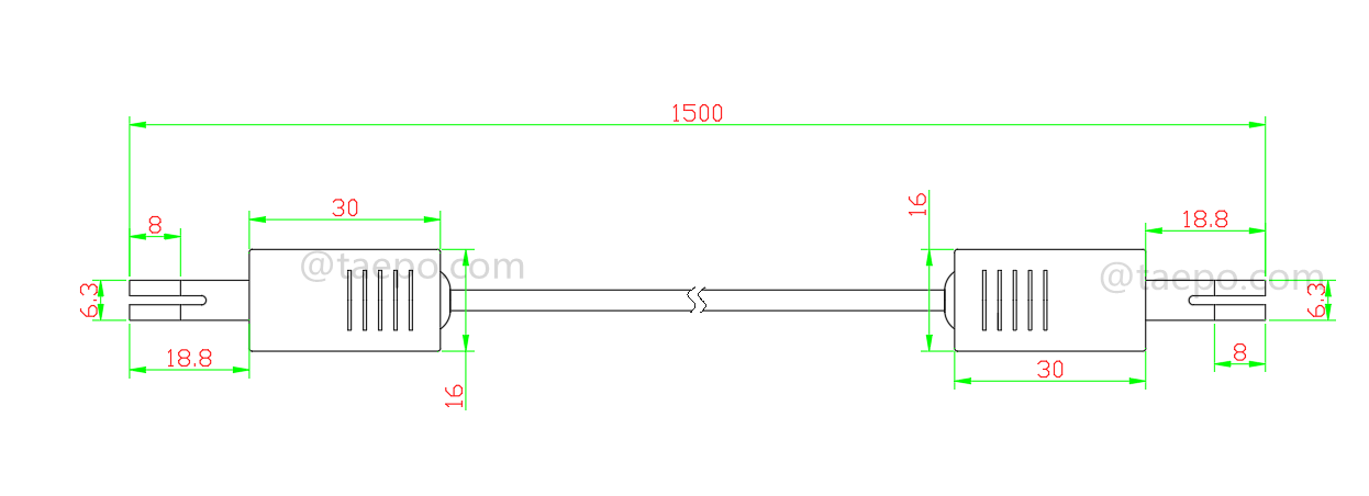 Dibujo del cordón de conexión HW de 4 polos, de enchufe de prueba a enchufe de prueba, 1,5 m