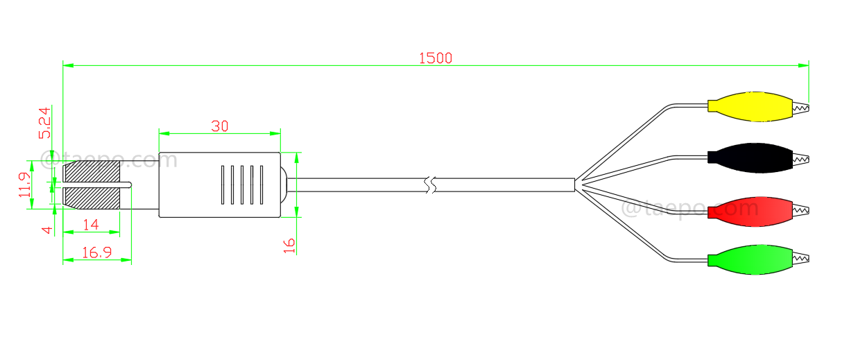 Dibujo del cable de prueba HW de 4 polos, conector de prueba a clip de cocodrilo, 1,5 m