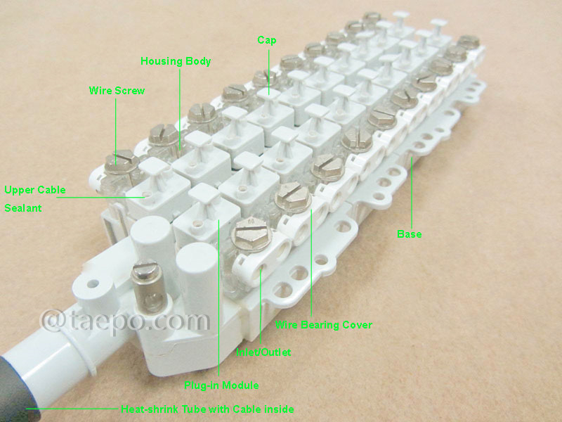 Ilustración del bloque terminal STUB para cable de bajada de 20 pares con cable de 3 m, sin protección, relleno de grasa