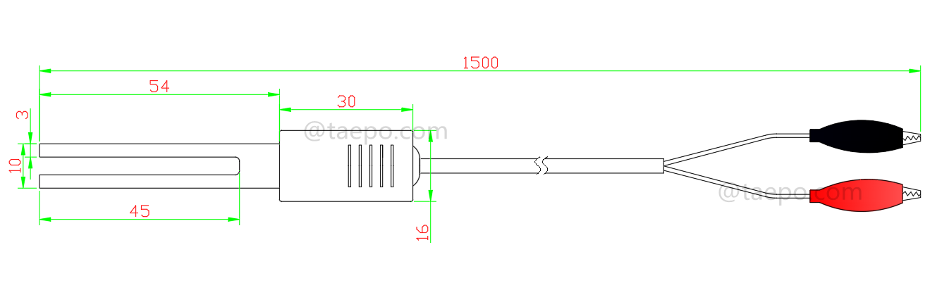 Dibujo del cordón de prueba SM de 2 polos, con conector de prueba a pinza de cocodrilo para bloque de desconexión MDF 71 #TP-1401-100, 1,5 m