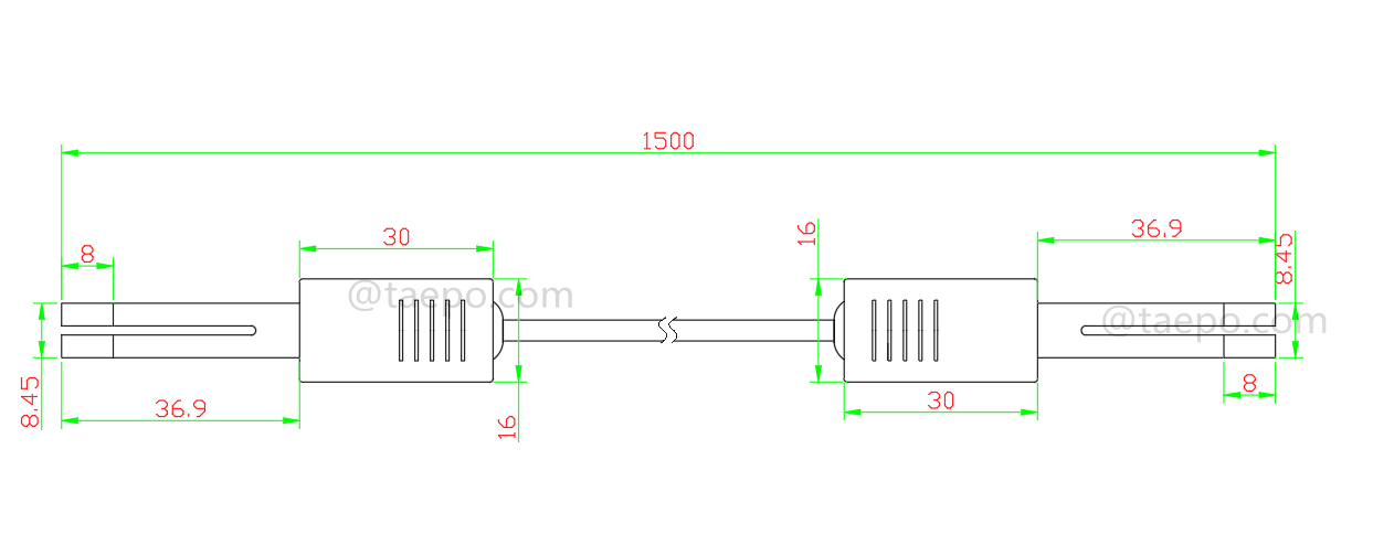 Dibujo del cable de conexión CN de 2 polos, conector de prueba a conector de prueba, 1,5 m