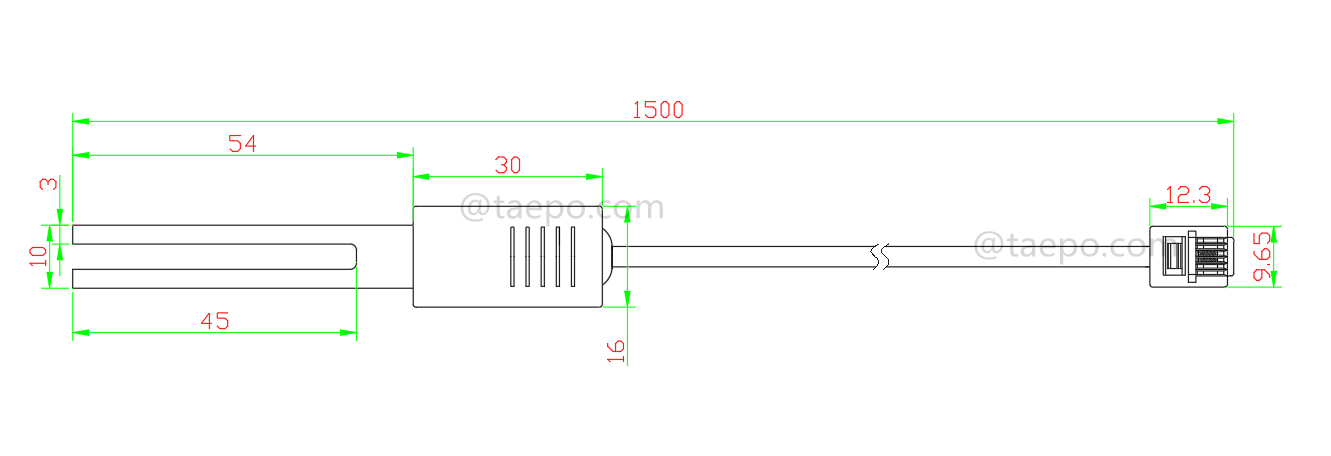 Dibujo para cordón de prueba de 2 polos SM, con enchufe de prueba a conector modular 6P2C para bloque de desconexión MDF 71 #TP-1401-100, 1,5 m