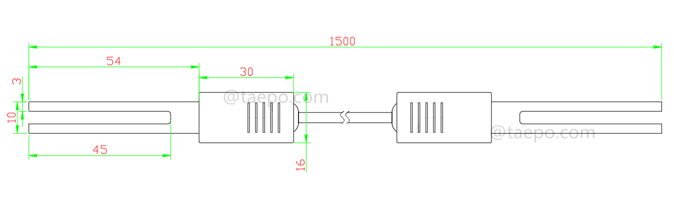 Dibujo del cable de conexión SM de 2 polos, con conector de prueba a conector de prueba para el bloque de desconexión MDF 71 #TP-1401-100, 1,5 m