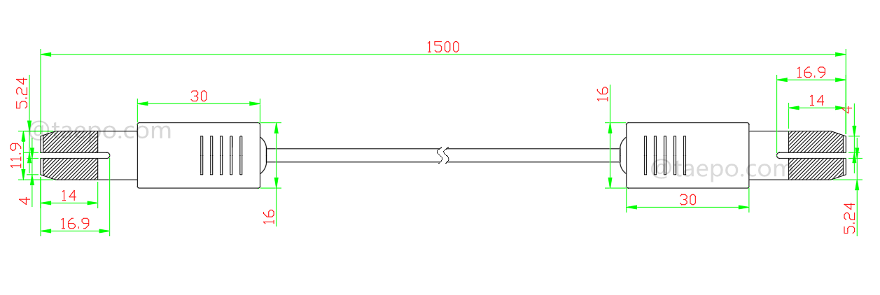 Dibujo del cable de conexión HW de 4 polos, conector de prueba a conector de prueba, 1,5 m