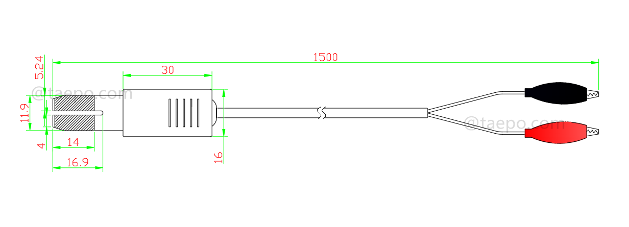Dibujo del cable de prueba HW de 2 polos, con enchufe de prueba a pinza cocodrilo