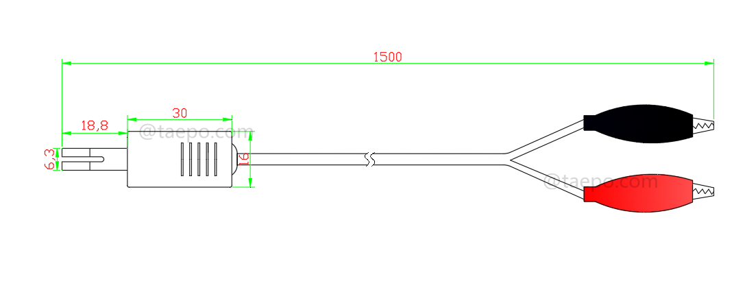 Dibujo del cable de conexión BRCP de 2 polos, enchufe de prueba a pinza de cocodrilo, 1,5 m