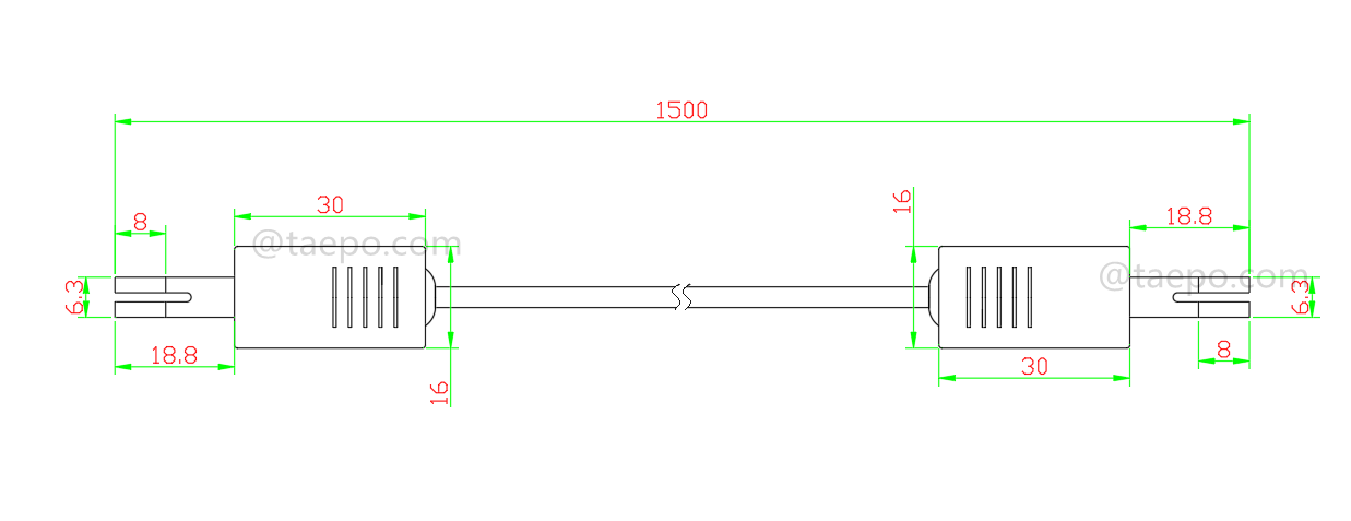 Dibujo del cable de conexión HW de 2 polos, de enchufe de prueba a enchufe de prueba, 1,5 m