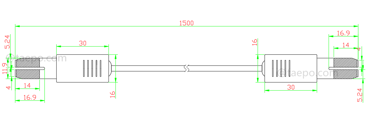 Dibujo del cable de conexión HW de 2 polos, conector de prueba a conector de prueba, 1,5 m