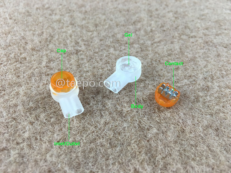 Ilustración del conector de empalme UY2, 2 hilos, conductor de 0,4-0,9 mm, aislamiento máximo 2,08 mm, doble pin, relleno de gel