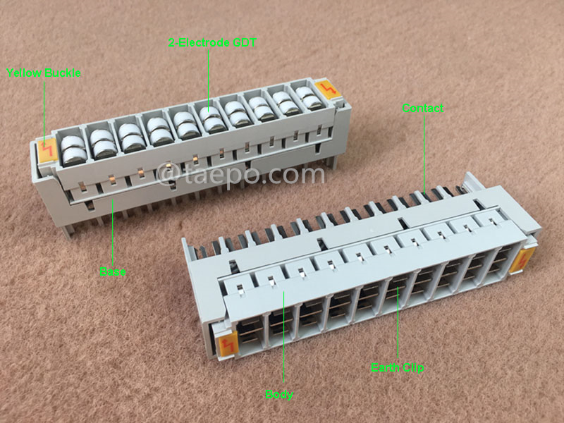 Imágenes ilustrativas para revista de protección contra sobretensiones de 2 polos para módulo LSA de 10 pares, con supresor GDT