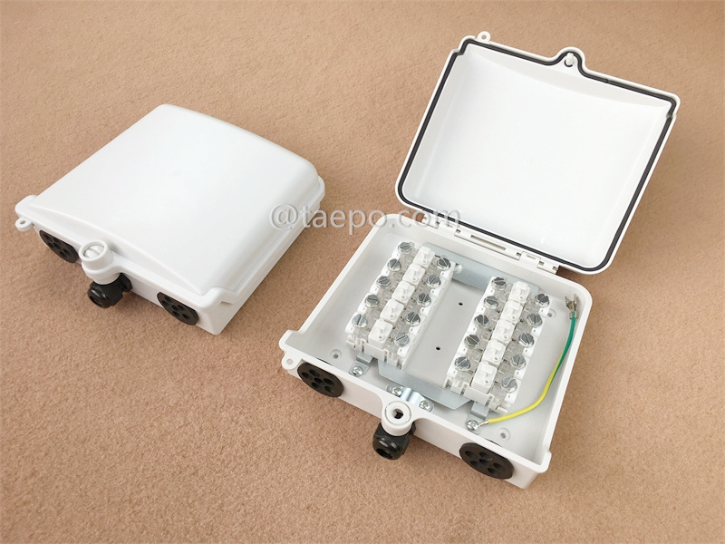 Caja de punto de distribución de 10 pares para exteriores para módulo STB, 200x185x70 mm, cierre de tornillo a presión, carcasa de plástico, con módulo STB con protección contra sobretensiones