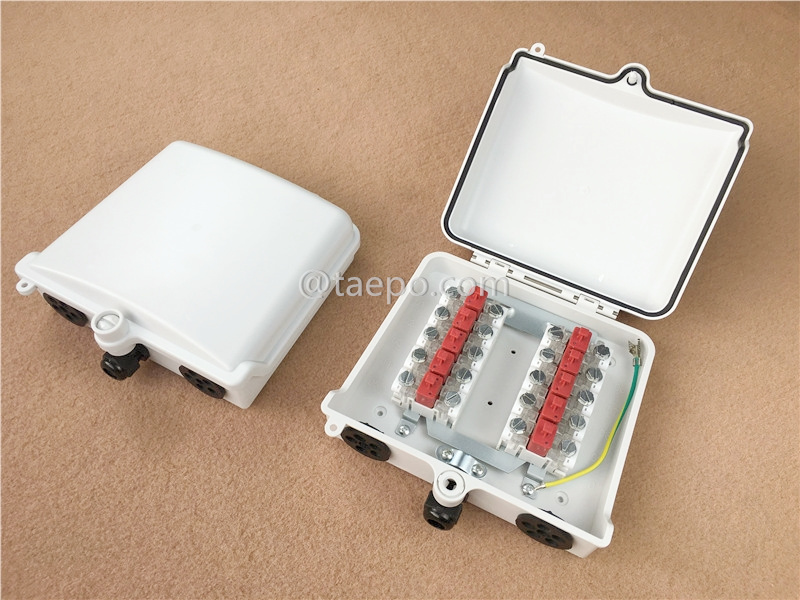 Caja de punto de distribución exterior de 10 pares para módulo STB, 200x185x70 mm, cierre a tornillo y encaje, carcasa de plástico, con módulo STB con protección contra sobretensiones