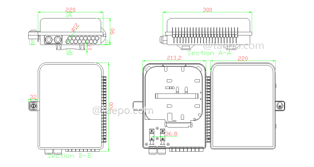 Dibujo para caja de divisor de fibra (FSB), exterior, SC, 16 fibras, carcasa de plástico