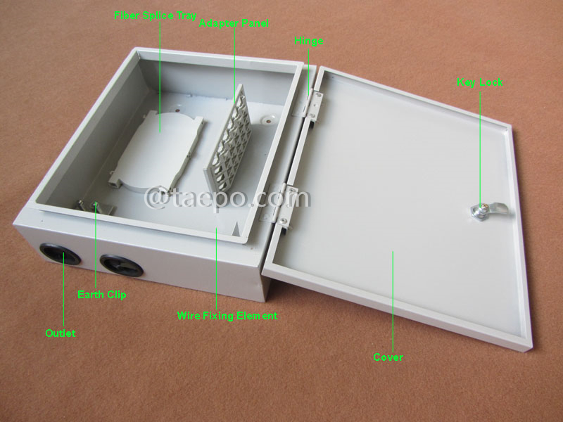Imágenes ilustrativas de la caja de distribución de fibra (FDB), exterior, SC, 24 fibras, con paneles de parcheo reemplazables, carcasa de acero laminado en frío con recubrimiento en polvo