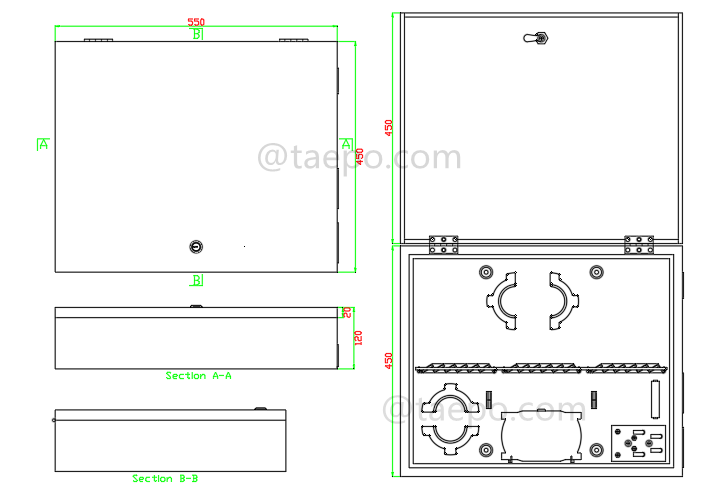 Dibujo de la caja de distribución de fibra (FDB), exterior, SC, 72 fibras, con paneles de parche reemplazables