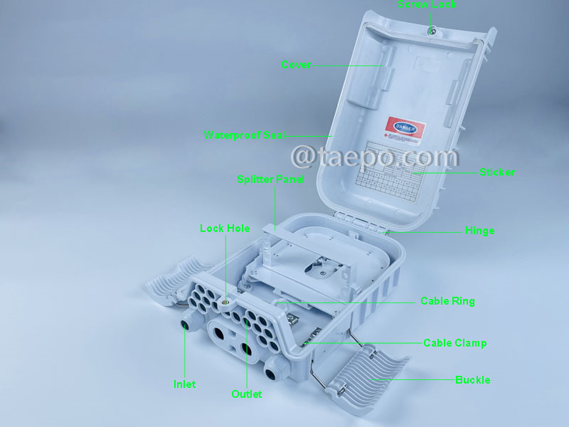 Imágenes ilustrativas de la caja de división de fibra (FSB), exterior, SC, 16 fibras, carcasa de plástico