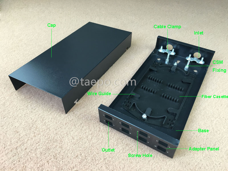 Imágenes ilustrativas de la caja de terminación de fibra (FTB), interior, SC, 8 fibras, carcasa de acero laminado en frío con recubrimiento en polvo