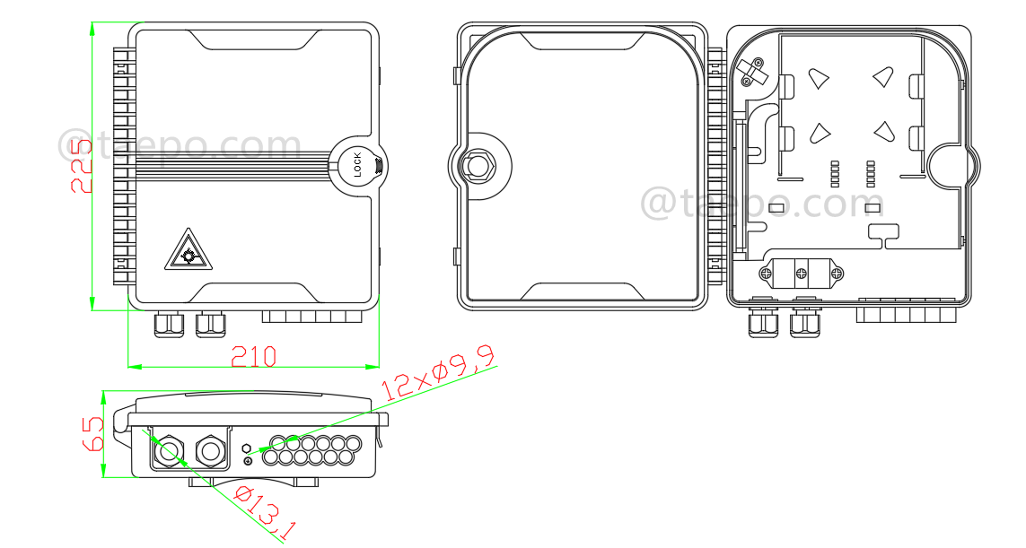 Dibujo para caja de divisor de fibra (FSB), exterior, SC, 8 fibras, carcasa de plástico