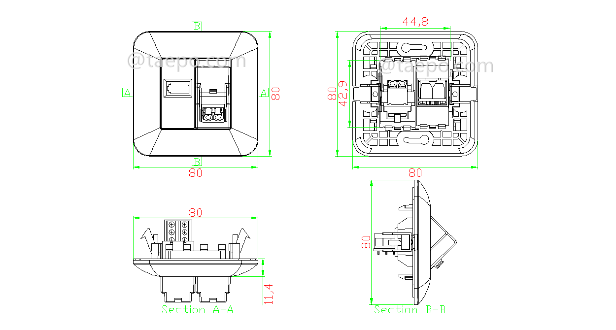 Dibujo para toma híbrida LC/APC dúplex + toma UK de 1 puerto