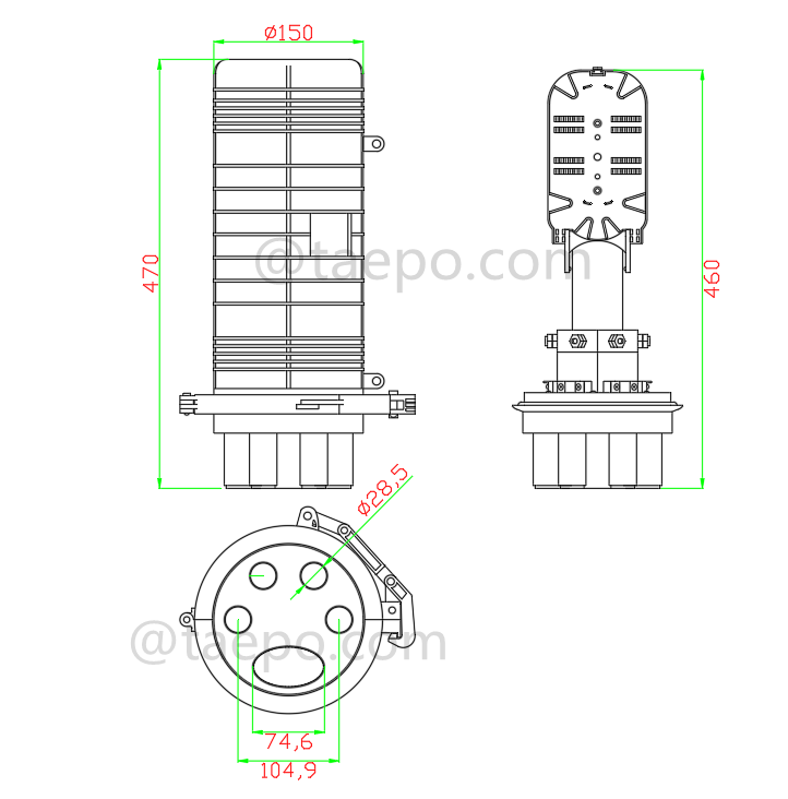 Dibujo para cierre de empalme de fibra óptica (FOSC), tipo vertical, sellado mecánico, 144 fibras