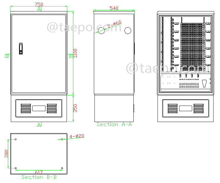 Dibujo para gabinete de calle de fibra SMC exterior, SC, 576 fibras, de doble lado, puerta simple, tipo divisor de caja de plástico, con 10 ranuras para caja de plástico