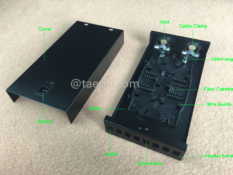 Imágenes ilustrativas de la caja de terminación de fibra (FTB), interior, SC, 8 fibras, carcasa de acero laminado en frío con recubrimiento en polvo