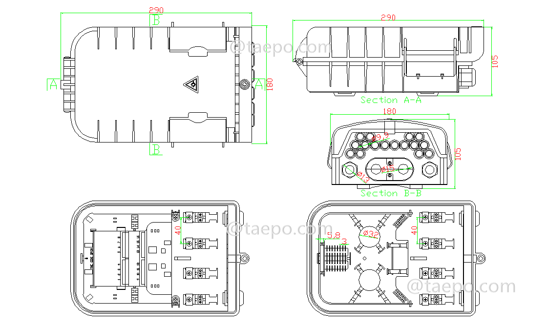 Dibujo de la caja de distribución de fibra (FDB), exterior, SC, 16 fibras, carcasa de plástico