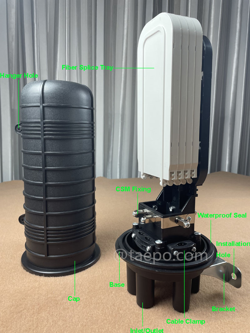 Imágenes ilustrativas del cierre de empalme de fibra óptica (FOSC), tipo vertical, sellado por retracción térmica, 96 fibras, máximo 96 fibras agrupadas