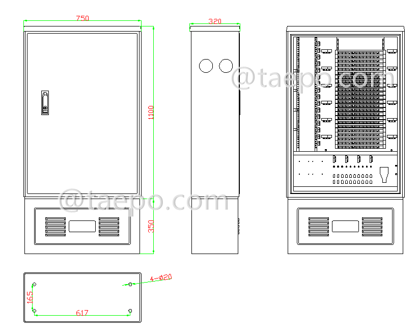Dibujo para gabinete de calle de fibra SMC exterior, SC, 288 fibras, de un solo lado, puerta simple, tipo divisor de caja de plástico, con 10 ranuras para caja de plástico