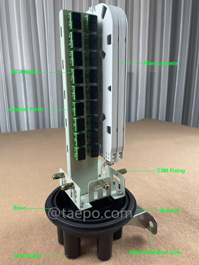 Imágenes ilustrativas del cierre de empalme de fibra óptica (FOSC), tipo vertical, sellado por retracción térmica, SC/APC 36 fibras