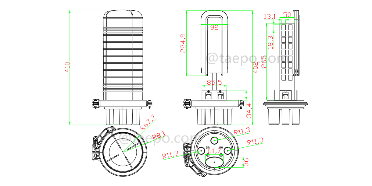 Dibujo para cierre de empalme de fibra óptica (FOSC), tipo vertical, sellado por retracción térmica, SC/APC 36 fibras