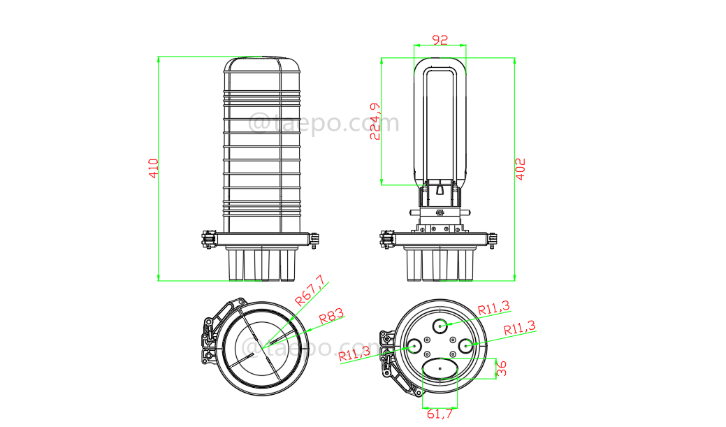 Dibujo del cierre de empalme de fibra óptica (FOSC), tipo vertical, sellado por retracción térmica, 96 fibras, máximo 96 fibras agrupadas