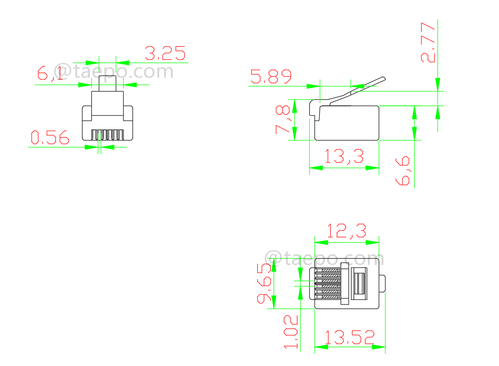 Dibujo para conector modular, CAT3, 6P6C, UTP